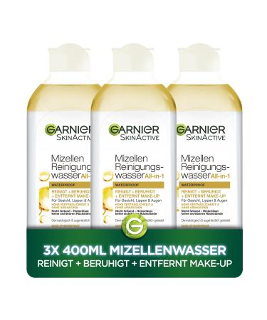 Garnier Lot de 3 flacons d'eau nettoyante micellaire tout-en-un - Nettoyage doux du visage pour maquillage imperm able - D maquillage rapide et efficace pour le visage les l vres et les yeux