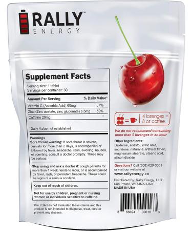 Rally Energy Sugar Free Cherry Caffeinated Zinc Lozenges - 30 Units | Boost Energy, Focus & Productivity - Zero Calorie Throat Drops - Buy Online on GoSupps.com