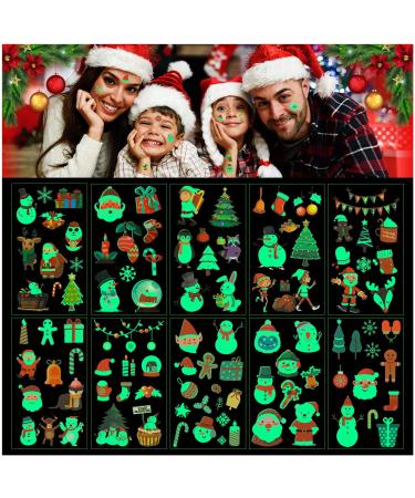 Christmas Temporary Tattoo Stickers  Luminous Xmas Tattoo Decal for Kids  Glow in the Dark Waterproof Fake Tattoos for Gift (10 Sheets)