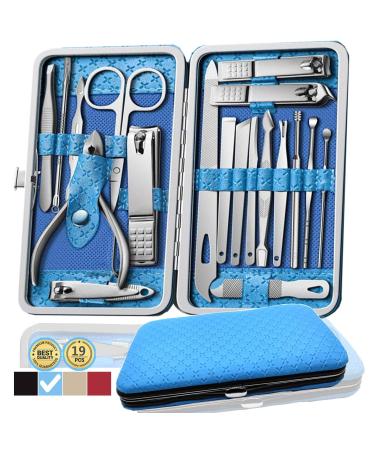 Manicure Kit Nail Clippers Pedicure Kit -19 Pieces Stainless Steel Manicure Set, Professional Grooming Kits, Nail Care Tools with Luxurious Travel Case (Blue) …