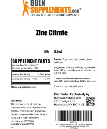 Zinc Citrate Powder 100g - Pure Zinc Supplement for Immune Support - BulkSupplements.com - Buy Online on GoSupps.com