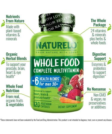 NATURELO Whole Food Multivitamin for Men 50+ | 120 Vegetarian Capsules - Natural Health Support - Buy Online on GoSupps.com