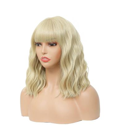 MOOICHIC 14 Inch Blonde Bob Wig with Bangs | Short Wavy Synthetic Wig for Women - Buy Online on GoSupps.com