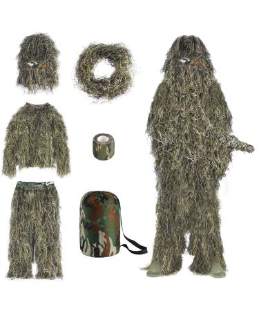 Slendor 6 in 1 Ghillie Suit, 3D Camouflage Hunting Apparel Camo Hunting Clothes, Bushman Costume Including Jacket, Pants, Hood, Carry Bag, Suitable for Men, Hunters, Military, Paintball, Halloween Small for Kids