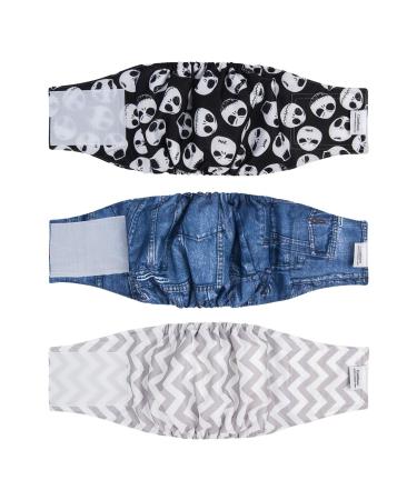 Cutebone male washable dog diapers belly bands 3 pieces of reusable dog belly band for male high-suction dog wraps with flexible Velcro fastener DM06S-DE Denim & Totenkopf & Strip S (28-35.5cm)