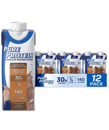 Pure Protein Chocolate Peanut Butter Protein Shake | 30g Complete Protein | Ready to Drink and Keto-Friendly | Vitamins A, C, D, and E plus Zinc to Support Immune Health | 11oz Bottles | 12 Pack