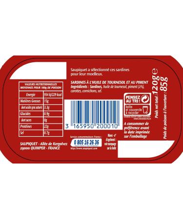 SAUPIQUET - Whole Chili Sardines - Sunflower Oil - Rich in Omega 3 and Calcium - 12 Canned Food (120g) - Buy Online on GoSupps.com