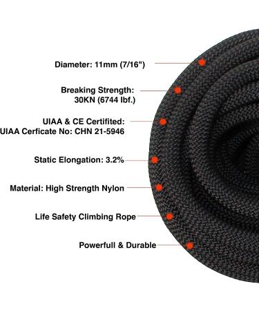 PHRIXUS UIAA Certified 11mm Black Static Climbing Rope - 150.0ft, 200ft, 300ft for Rock Climbing, Rappelling, Mountaineering - Kern Mantle Rope for Hauling & Rescue - Buy Online on GoSupps.com
