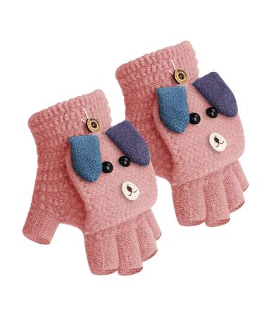 Toddler Kids Puppy Flip Top Short Knitted Half Finger Gloves for 3-8 Yrs Puppy/Pink
