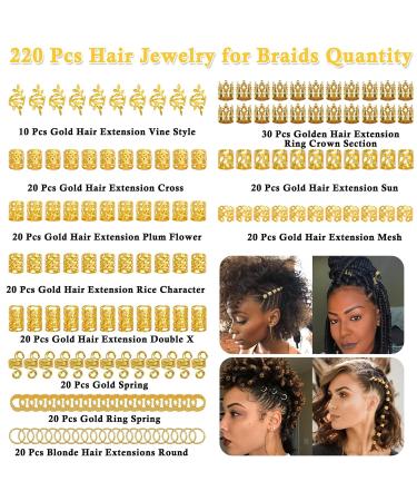 Lucomb 220-Piece Gold Hair Jewelry Set for Braids & Dreadlocks - Metal Cuff Clips Rings & Accessories for Women - Buy Online on GoSupps.com