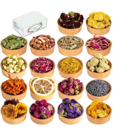 Dried Flowers 18 Pack Natural Dried Flower Herbs Kit for Bath Bomb Soap Resin Candle Making Include Rose Petals Rosebuds Lavender Jasmine Flowers Lily Lemon Slice and More