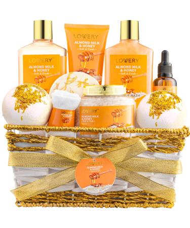 Gift Basket for Women - 10 Pc Almond Milk & Honey Beauty & Personal Care Set - Home Bath Pampering Package for Relaxing Stress Relief - Spa Self Care Kit - Thank You, Birthday, Mom, Anniversary Gift