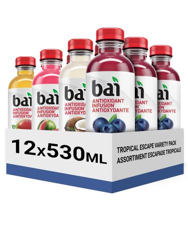 Bai Antioxidant Infusion Flavoured Water Beverage Tropical Escape Variety Pack 530 mL Bottles 12 Count 3 Each of Mango Watermelon Coconut and Blueberry 12-Tropical Escape Variety Pack