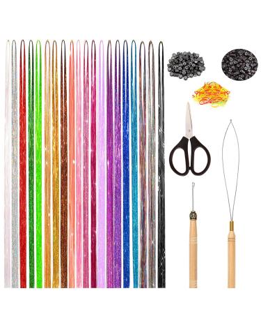 VEGCOO Hair Extensions Rainbow Colored Hair Tinsel Kit 20 Colors with Tools Glitter Synthetic Straight Hair Extensions Party Highlights Hair Accessories for Kids Girls Women