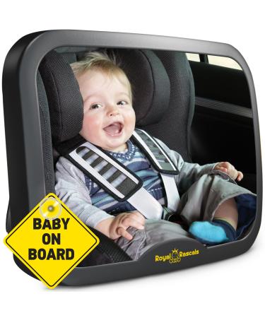 Royal Rascals Baby Car Mirror Safest Shatterproof Back Seat Mirror For Car Crystal Clear Rear View Car Mirror For Baby Baby Car Seat Mirror Car Seat Accessories incl Baby on Board Sign Black