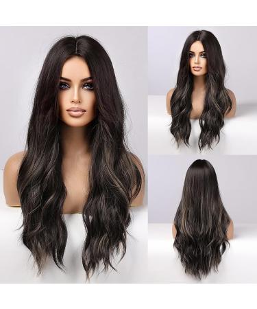 EMMOR 26 Long Black Wig for Women - Natural Synthetic Hair, Curly Wavy Style with Blonde and Black Highlights - Buy Online on GoSupps.com