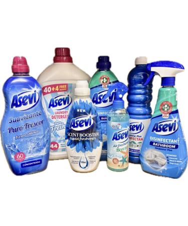 7PC Asevi Ultimate BLUE Spanish Cleaning Bundle | 40w Detergent 60w Softener Scent Booster Bano Disinfectant Floor Cleaner Bathroom Spray Fabric/Air Freshener - Buy Online on GoSupps.com