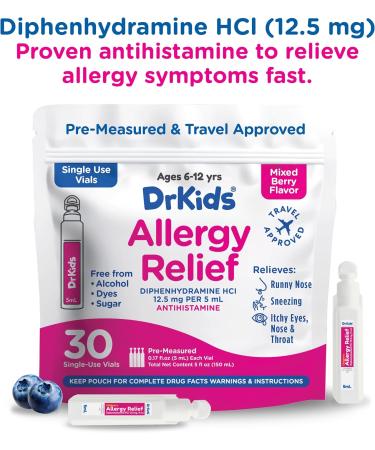 Dr. Kids Children's Allergy Relief Medicine with Diphenhydramine HCl 12.5 mg - Pre-Measured Single-Use Vials Kids Antihistamine for Sneezing Runny Nose & Itchy Eyes Mixed Berry Flavor 30 Count - Buy Online on GoSupps.com