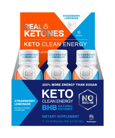 Keto Energy Shots - Exogenous Ketones Preworkout Energy Drink- 12-Pack with D BHB, Natural Caffeine, and Nootropic Blend - Strawberry Lemonade by Real Ketones
