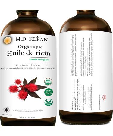 M.D. KLEAN ORGANIC CASTOR OIL 100% Cold Pressed (500ml) Amber Glass Bottle - Hexane Free | BPA Free Pump Inc | Unrefined Certified Organic | Skin Moisturizing and Conditioning Oil - Buy Online on GoSupps.com