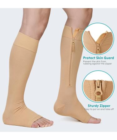 Zipper Copper Compression Socks Open Toe - 20-30 mmHg Knee High Stockings for Circulation Varicose Veins & Recovery - XX-Large Beige - Buy Online on GoSupps.com
