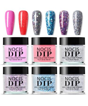 Nail Dip Powder Starter Kit - 6 Colors Glitter Dipping Powder Kit - Quick Dry Nail Powder Set - Pink Red Blue Purple Silver French Manicure Kit DIY Nail Art No Need UV Lamp Glitter Pink