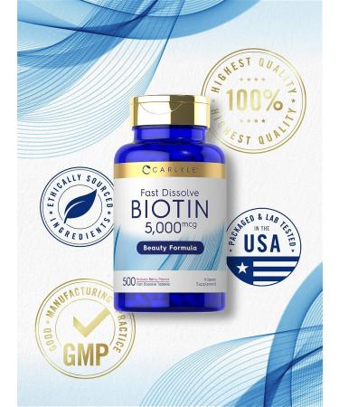 Carlyle Biotin 5000mcg Fast Dissolve Tablets - 500 Count | Vegetarian Non-GMO Gluten Free Supplement - Buy Online on GoSupps.com