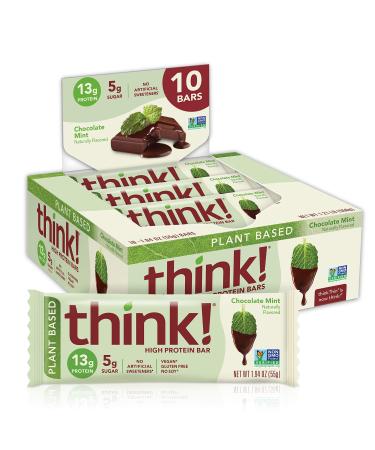 think! Vegan/Plant Based High Protein Bars - Chocolate Mint, 13g Protein, 5g Sugar, No Artificial Sweeteners, Non GMO Project Verified,1.94 oz bar (10 Count) Chocolate Mint 10 Count (Pack of 1)