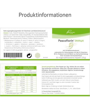 Pascoflorin Immune: 20 Probiotic Cultures with Vitamin B12 Biotin Inulin & Folic Acid for Enhanced Health - Ideal for Antibiotic Therapy Support - Buy Online on GoSupps.com