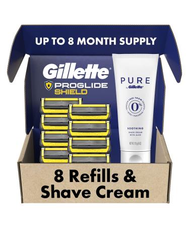 Gillette ProGlide Shield Mens Razors 8 Razor Blade Refills Plus Gillette PURE Mens Soothing Shaving Cream with Aloe, 6 oz ProGlide Shield 8 Refills + 1 PURE Shave Cream
