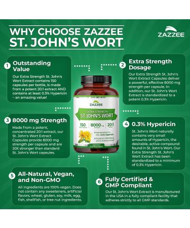 Zazzee Extra Strength St. John s Wort 20:1 Extract 8000 mg Strength 0.3% Hypericin 150 Vegan Capsules 5 Month Supply Concentrated Standardized 20X Extract 100% Vegetarian Non-GMO All-Natural - Buy Online on GoSupps.com