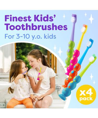 Kids Toothbrushes 4 Pack - Soft Contoured Bristles - Child Sized Brush Heads - Suction Cup Storage - Assorted Colors - Ages 3-10 - 4 Count - Buy Online on GoSupps.com