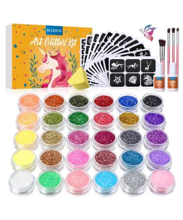 Temporary Glitter Tattoo Kids  Bledras 30 Colors Temporary Tattoo Set for Girls  147 Stencils  4 Brushes  2 Glue  Arts Glitter for Kids or Adults  Gifts for Girls Boys Birthday Party Festival New Year Yellow