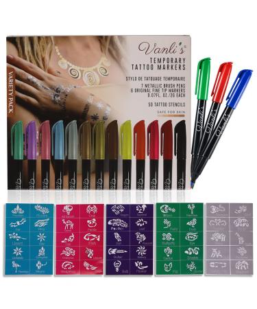 Vanli's Temporary Tattoo Markers - Stocking Stuffers For Teens, Kids, Adults, Trendy Tattoo Kit, Skin Safe & Colored Ink Tattoo Pens for Body & Face Art with 50 Tattoo Stencil Papers, 13 Pens-Variety