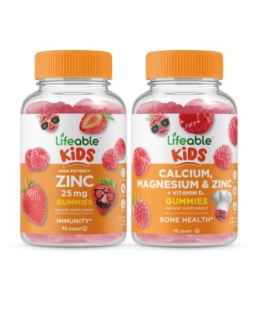Lifeable Zinc 25mg Kids + Calcium Magnesium & Zinc Kids Gummies Bundle - Great Tasting Vitamin Supplement Gluten Free GMO Free Chewable Gummy