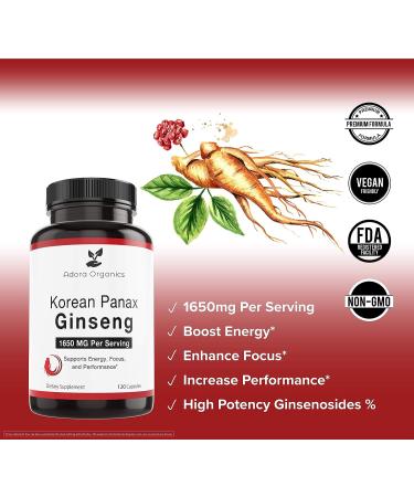 Adora Organics Korean Red Panax Ginseng 1650mg Extract Powder - 120 Vegan Capsules for Focus, Energy & Performance - Buy Online on GoSupps.com
