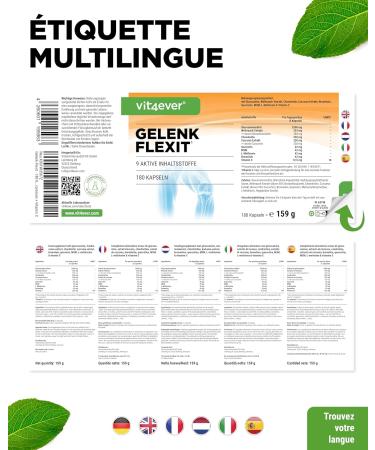 Gelenk Flexit - 180 g lules - Complexe hautement dos avec glucosamine + MSM + extrait d'encens + chondro tine + curcuma + querc tine + L-m thionine + brom la ne + vitamine C - Sans additifs Go t Neutre - Buy Online on GoSupps.com