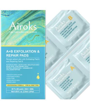 A+B Exfoliating & Repair Face Pads 30 Tx - 2-Step Acid Peel Serum Treatment with Glycolic Salicylic Kojic Acid & Retinol Hyaluronic Peptides for Smooth Skin Pore Minimizer Hyperpigmentation 30 Count (Pack of 1)