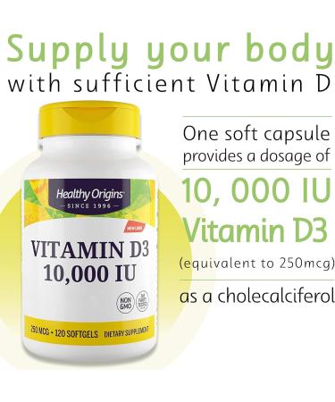 Healthy Origins Depot Vitamin D3 10,000 IU 120 Softgels - Highly Dosed, Lab-Tested, Soy Free, Non-GMO - Buy Online on GoSupps.com