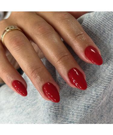 Red Press On Nails Short Oval KQueenest Thick Acrylic Nails Press Ons Short Almond Nails Glue on Natural Round Fake Nails One Color Gel Stick On Nails Set For Tiny Average Wide Nail Beds glossy red