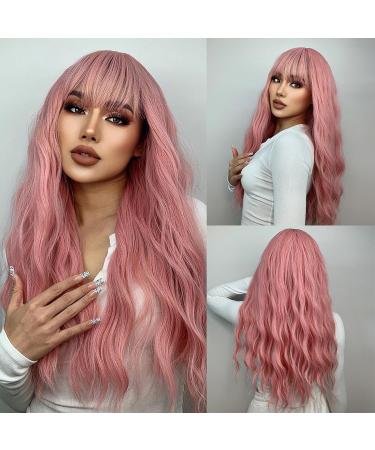 Pretfy 26 Long Pink Curly Wig with Air Bangs - Heat Resistant Synthetic Wig for Women - Ideal for Cosplay, Parties, Halloween - Pink-1 - Buy Online on GoSupps.com