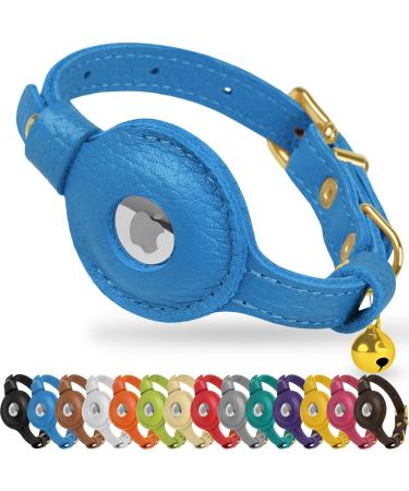 Oopsdoggy Airtag cat collar made of leather with bells not tearable with Apple Airtag holder light GPS pet collar for girls boys cats small dogs puppies (blue)