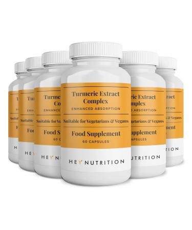Hey Nutrition Turmeric Extract Complex - Vitamin D3 & C Black Pepper Extract - Support Muscle & Joint Relief - Maximum Potency & Enhanced Absorption - UK Manufactured - 6 Pack - 360 Vegan Capsules 60 count (Pack of 6)
