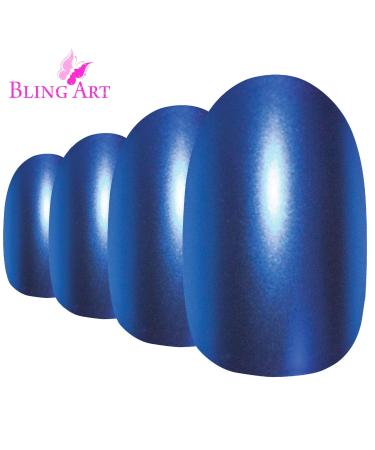 False Nails Bling Art Blue Mettalic Oval 24 Artificial Nails Medium Tips with Glue