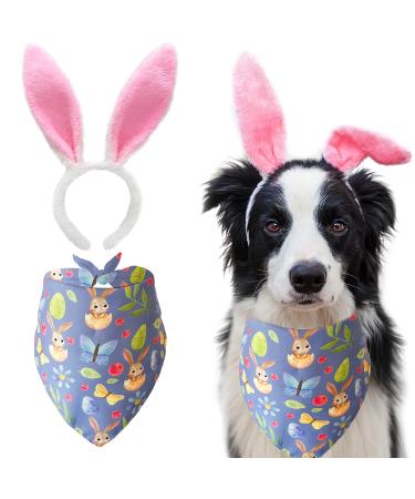 Easter Dog Cat Headband Bandana Set, Holiday Bib Easter Eggs and Cute Bunny csotume for Large Medium Small Puppies Pets (One Size) Headband+Bandana set