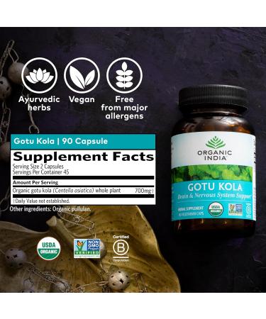 ORGANIC INDIA Gotu Kola Herbal Supplement - Adaptogen for Brain & Nervous System Support, Vegan, Gluten-Free, Kosher, USDA Certified Organic, Non-GMO, Calming, Mental Clarity - 90 Capsules - Buy Online on GoSupps.com