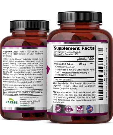 Zazzee Extra Strength Artichoke 20:1 Extract 9000 mg Strength 5% Caffeoylquinic Acid 150 Vegan Capsules 5 Month Supply Concentrated and Standardized 20X Extract Non-GMO and All-Natural - Buy Online on GoSupps.com