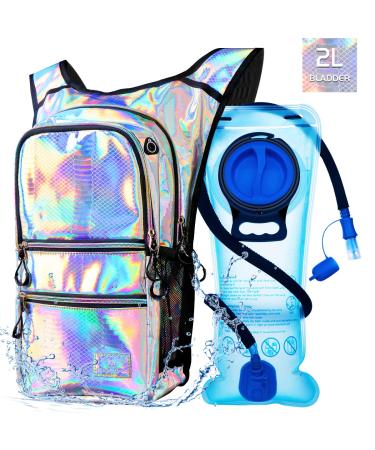 Mothybot Hydration Backpack Pack, Water Backpack 20L Capacities Included 2L Hydration Bladder, Festival Essential - Rave Hydration Pack Hydropack Hydro for Hiking, Running, Biking, Festival Gear Holographic Crocodile Textured
