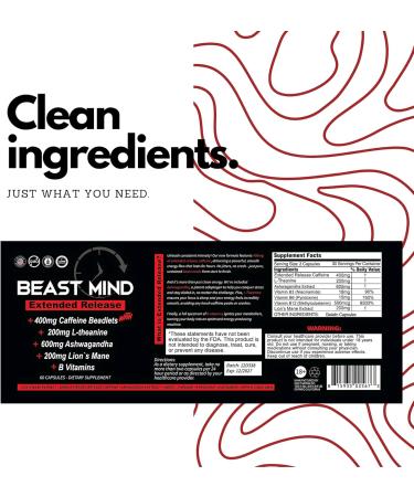 Beast Mind Dual-Energy System Bundle | Fast-Acting & Extended Release Energy Pills | 400mg Caffeine 600mg Ashwagandha 200mg Lions Mane | All-Day Nootropic Focus & Mood Support | 120 Capsules (60+60) - Buy Online on GoSupps.com