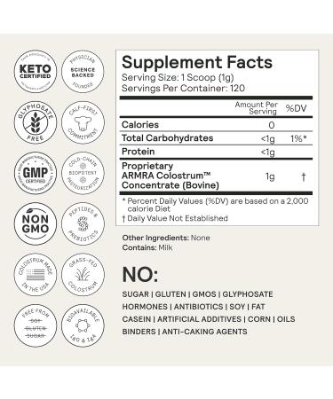 ARMRA Colostrum Powder | Unflavored | Gut Health & Bloating | Skin & Hair | Immunity | Keto Gluten & Fat-Free | 120 Servings Unflavored 120 Servings (Pack of 1) - Buy Online on GoSupps.com